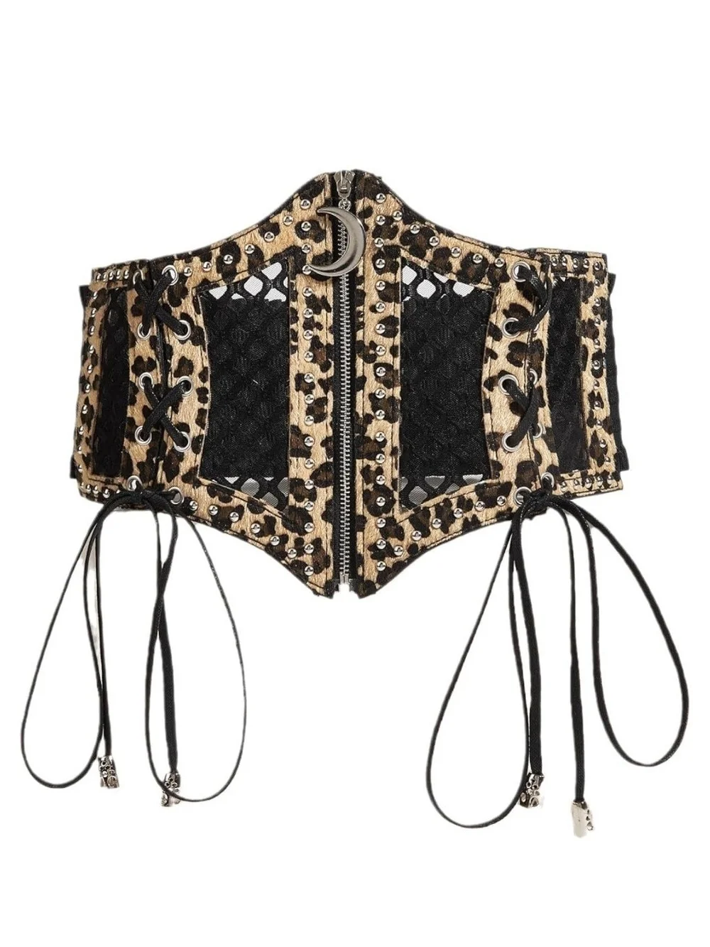 Wide Leopard-Accent Corset Belt in Black and Gold